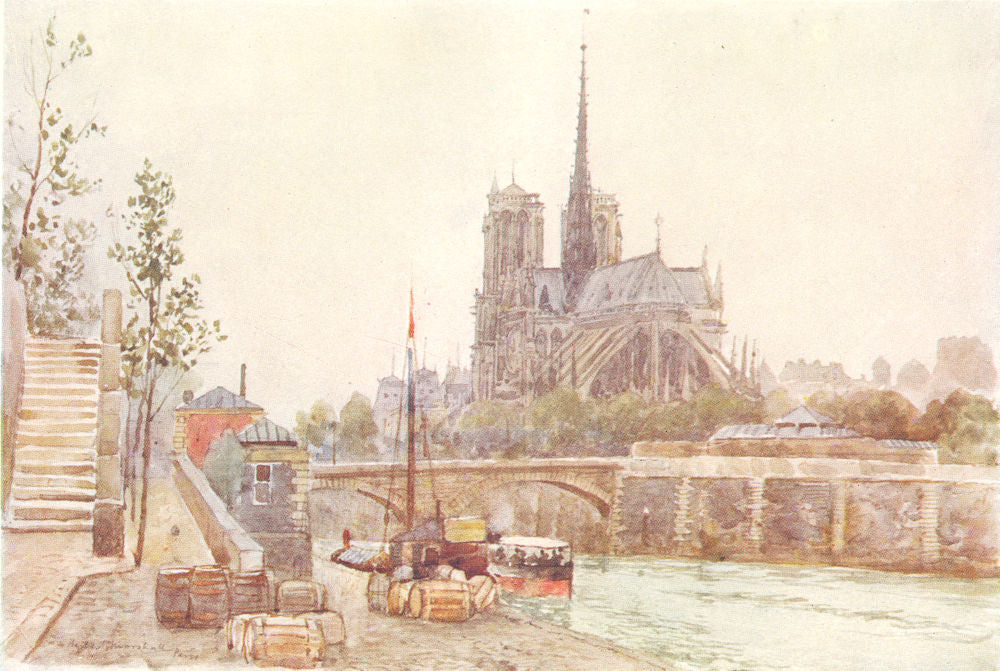 PARIS. Nôtre Dame. Paris. Boat loading barrels 1907 old antique print picture